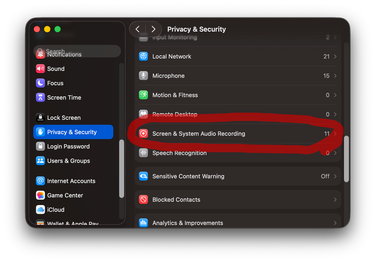 macOS Privacy and Security Screen and System Audio Recording settings