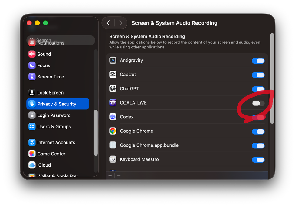 macOS app list showing COALA-LiVE permission enabled