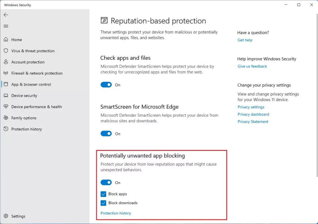Edge SmartScreen and potentially unwanted app blocking settings