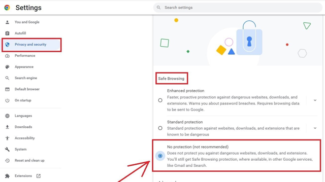 Chrome Safe Browsing settings and blocked download keep option