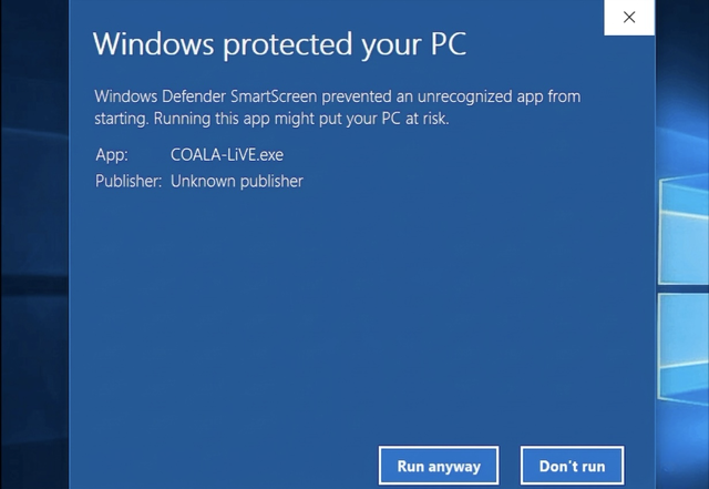 Windows Defender popup with More info and Run anyway