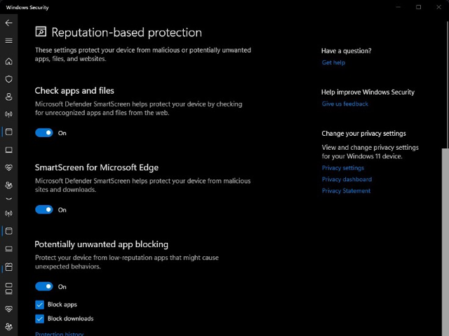 Windows Security reputation-based protection settings