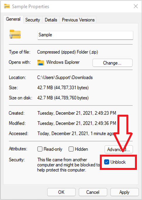 Windows file properties with Unblock enabled