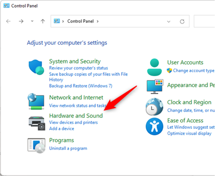 Windows Control Panel path to Hardware and Sound and Sound