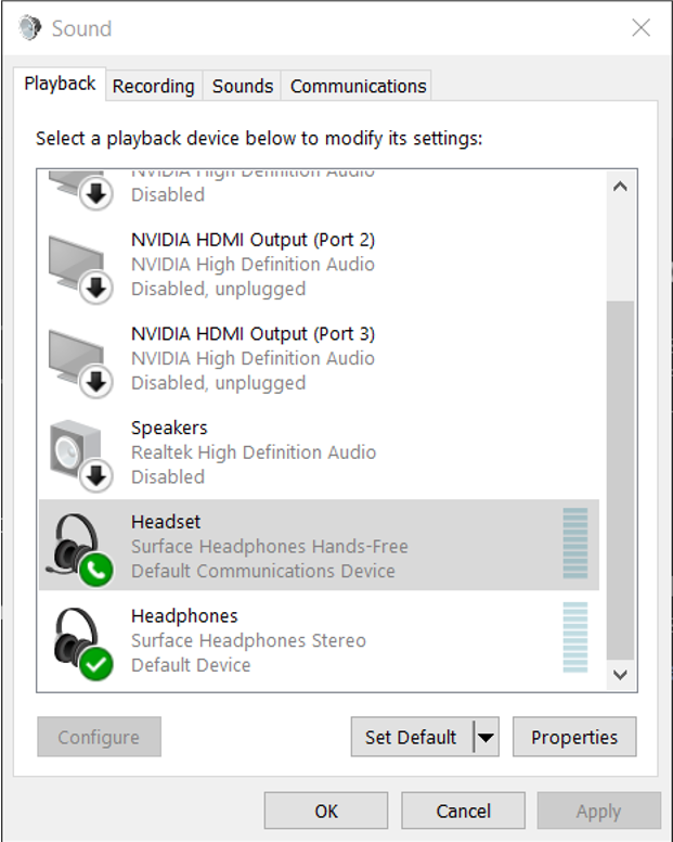 Windows Playback tab with PC speakers selected