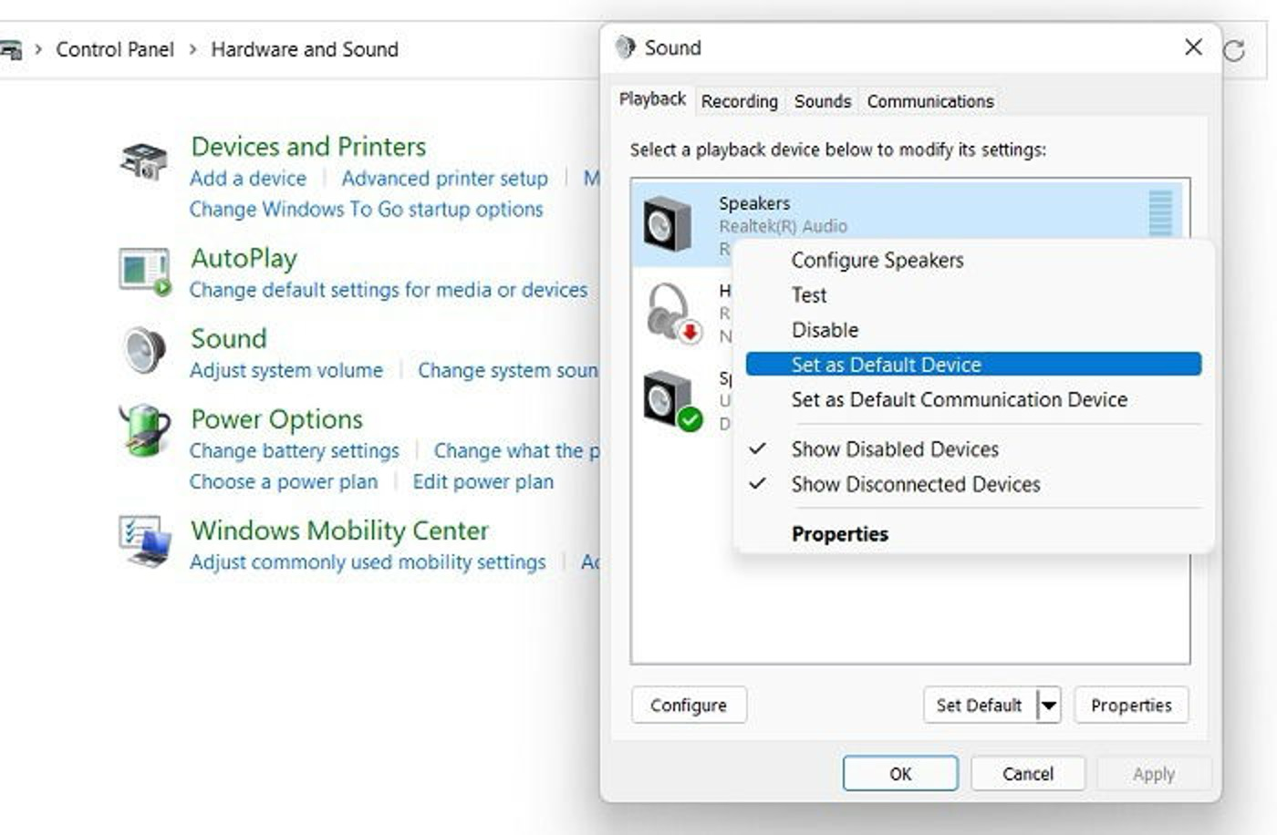 Windows sound device set as default
