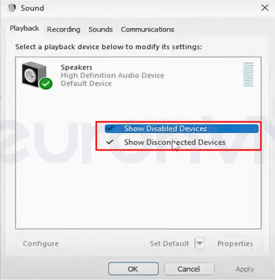 Windows playback menu showing disabled and disconnected devices